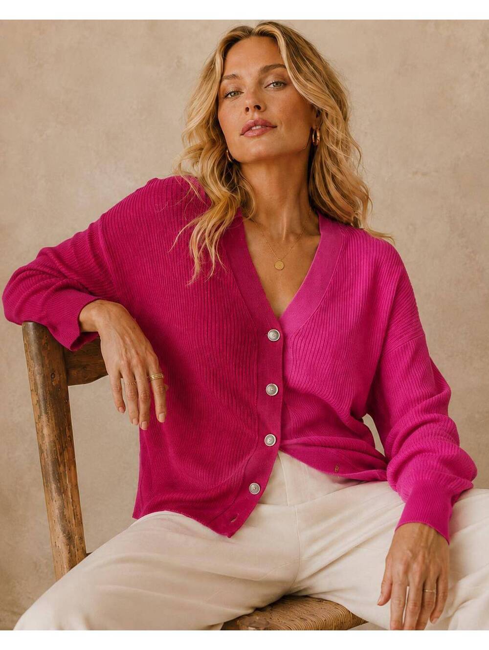 Sincerely Jules  Pink and Red Ribbed Button-Up Cardigan Sweater Size Small